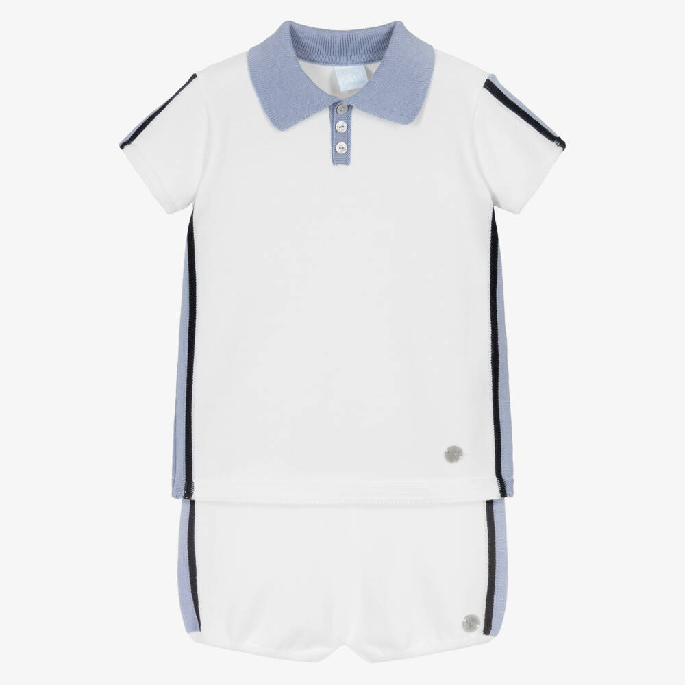 Artesanía Granlei-Boys White & Blue Knitted Shorts Set | Childrensalon Outlet
