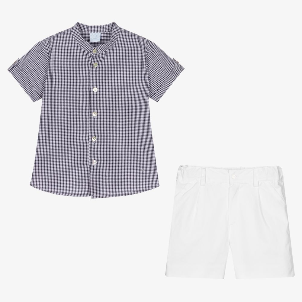 Artesanía Granlei-طقم شورت قطن لون أبيض وكحلي للأولاد | Childrensalon Outlet