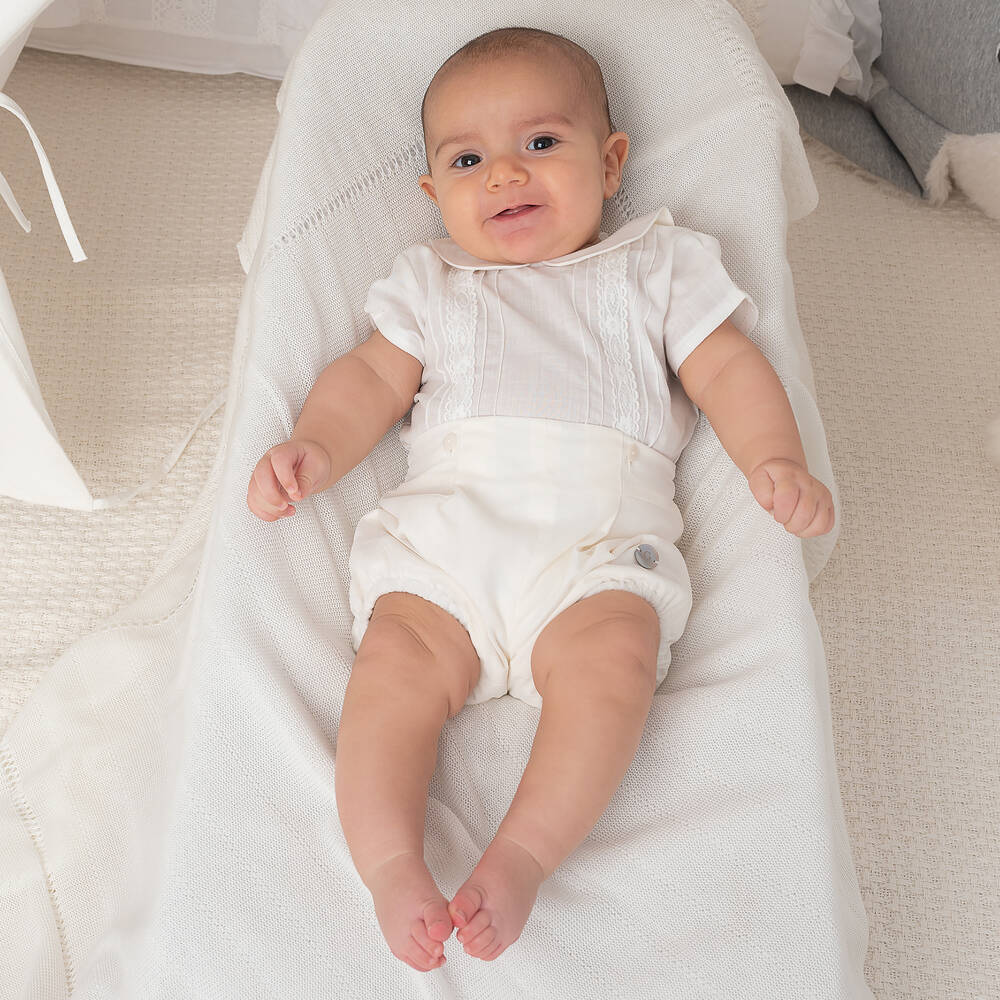 Artesanía Granlei-Boys White Cotton Buster Suit | Childrensalon Outlet