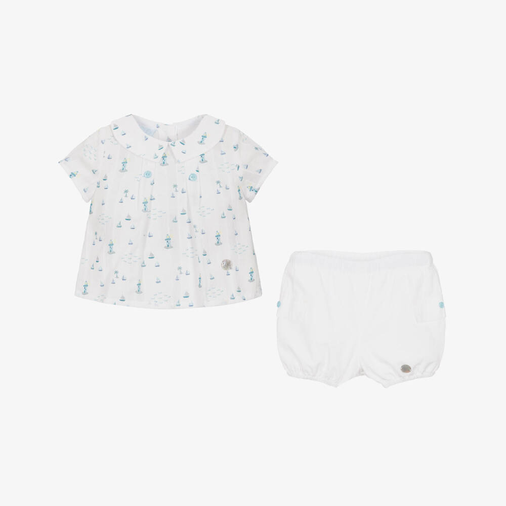 Artesanía Granlei-Boys White Cotton Sailboat Shorts Set | Childrensalon Outlet