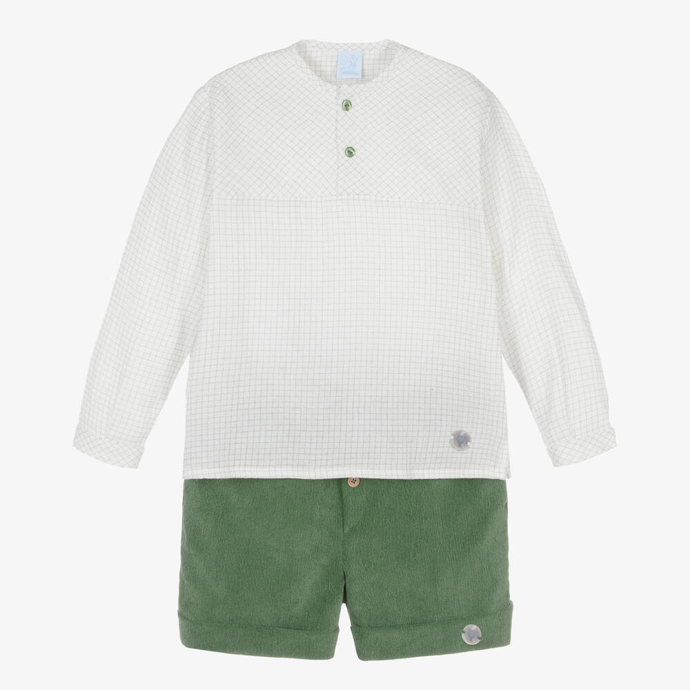 Artesanía Granlei-Boys White & Green Corduroy Shorts Set | Childrensalon Outlet