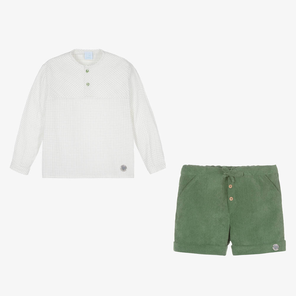 Artesanía Granlei-طقم شورت قطن موسلين لون أبيض وأخضر للأولاد | Childrensalon Outlet