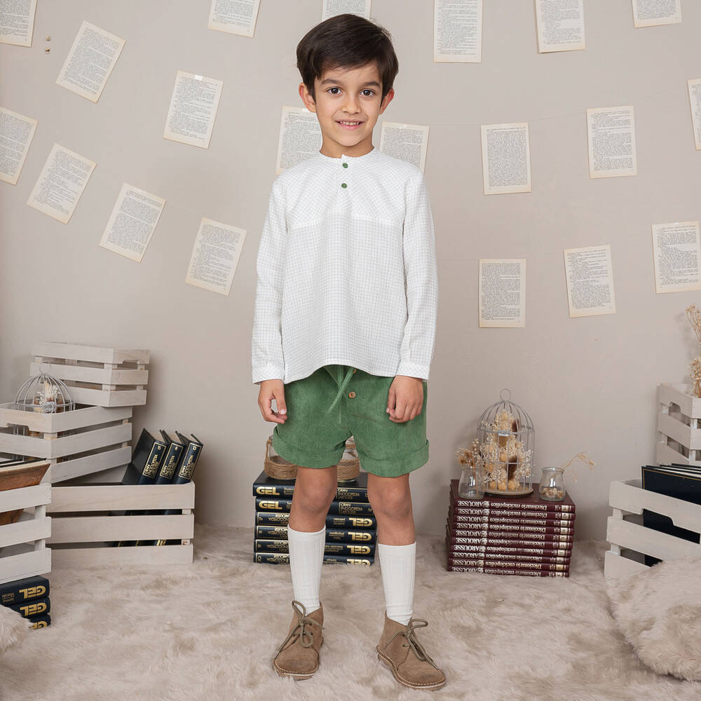 Artesanía Granlei-طقم شورت قطن موسلين لون أبيض وأخضر للأولاد | Childrensalon Outlet