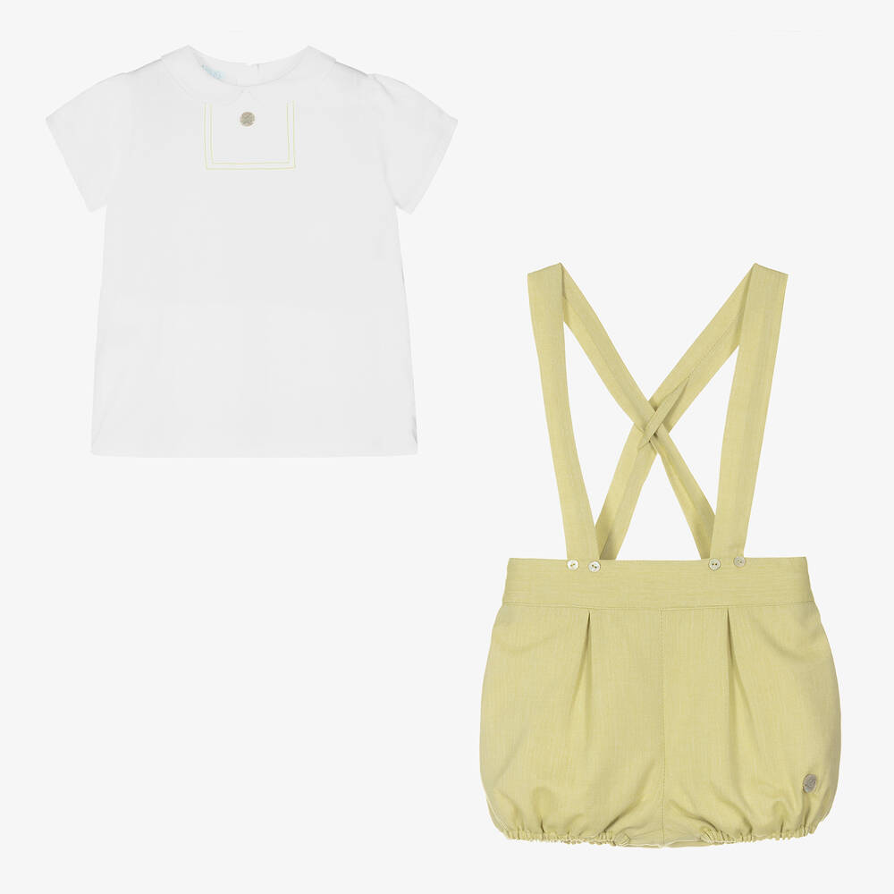 Artesanía Granlei-Boys White & Green Cotton Shorts Set | Childrensalon Outlet