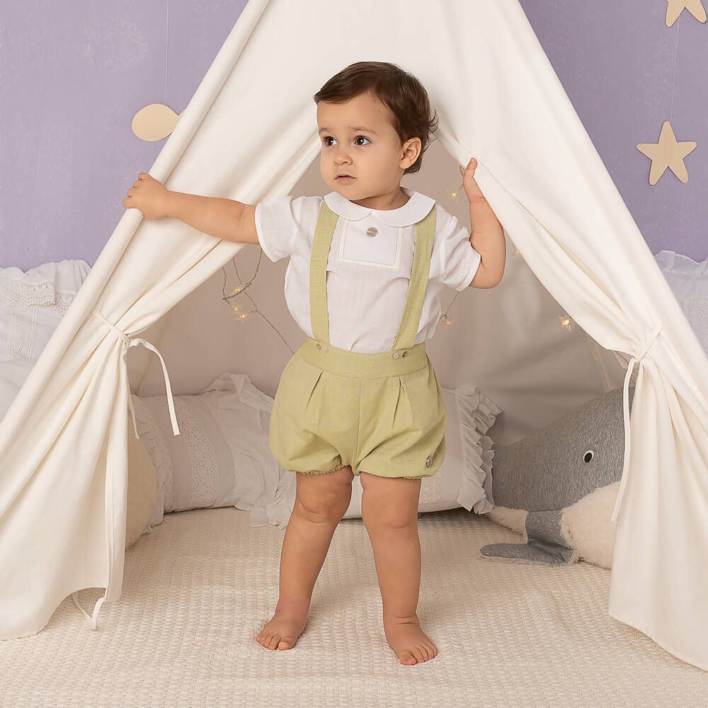 Artesanía Granlei-Boys White & Green Cotton Shorts Set | Childrensalon Outlet