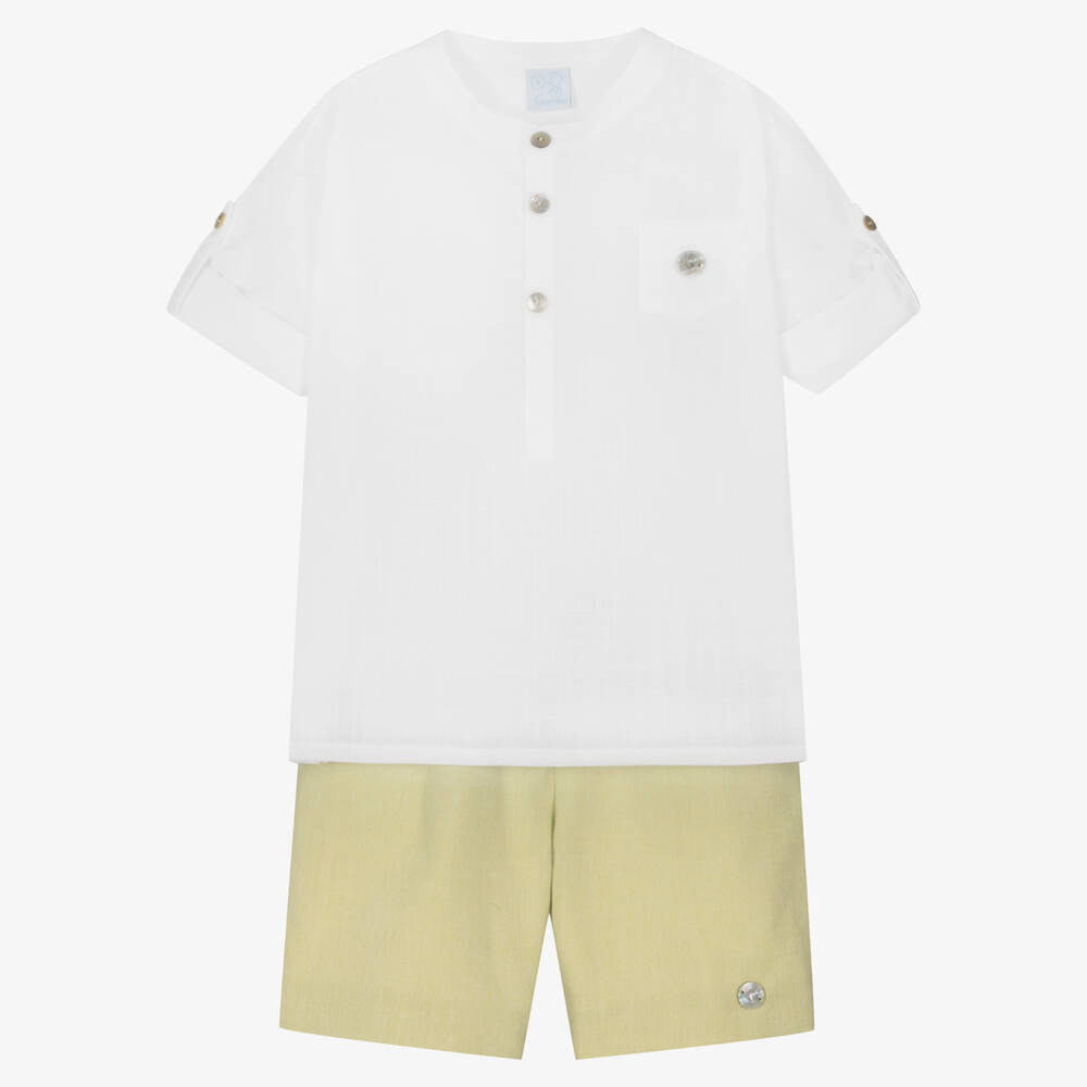 Artesanía Granlei - Boys White & Green Cotton Shorts Set | Childrensalon