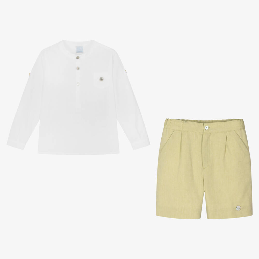 Artesanía Granlei-Boys White & Green Cotton Shorts Set | Childrensalon Outlet
