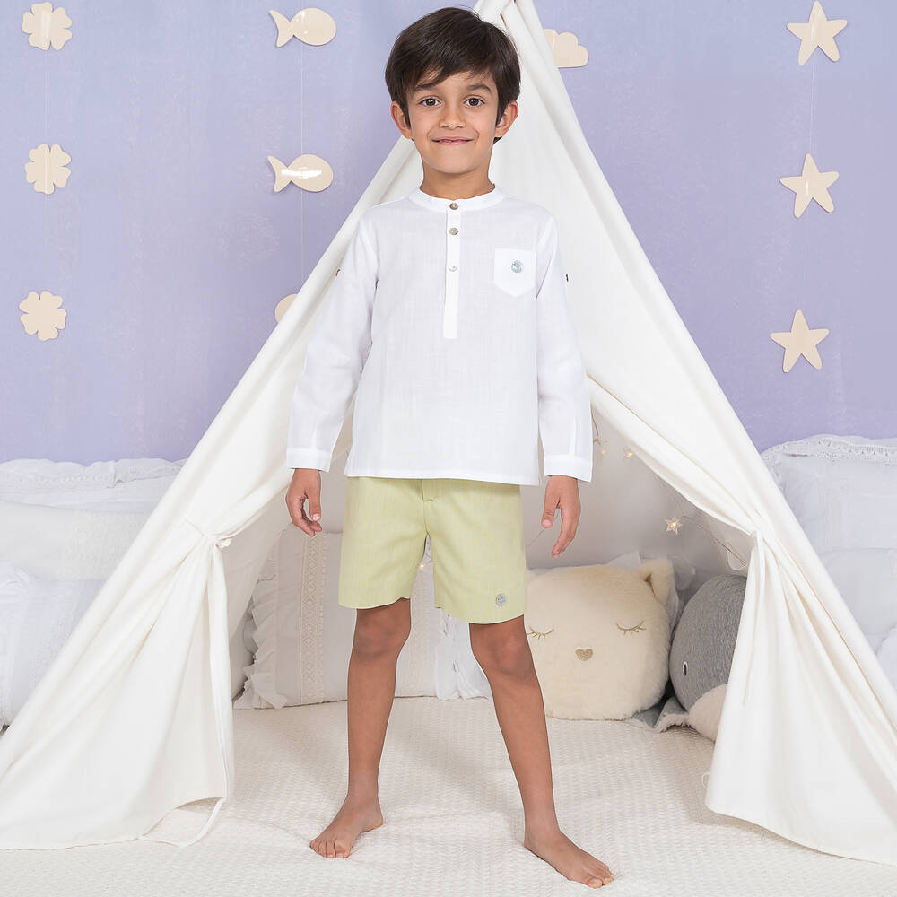 Artesanía Granlei-Boys White & Green Cotton Shorts Set | Childrensalon Outlet