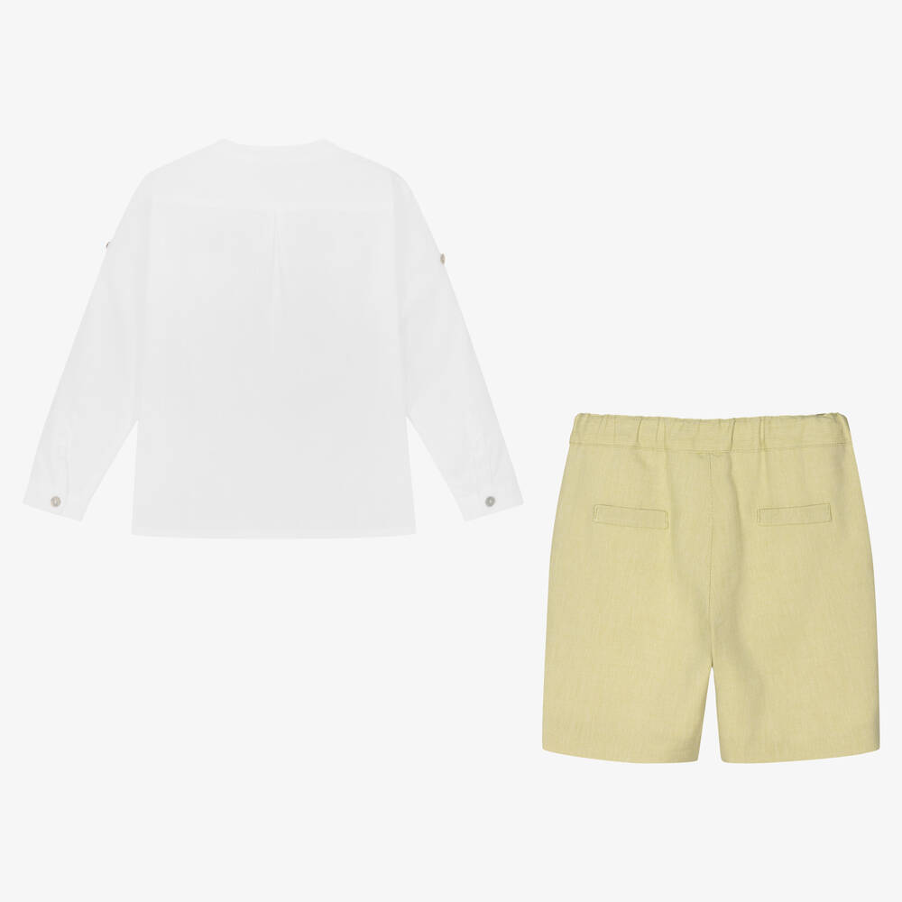 Artesanía Granlei-Boys White & Green Cotton Shorts Set | Childrensalon Outlet