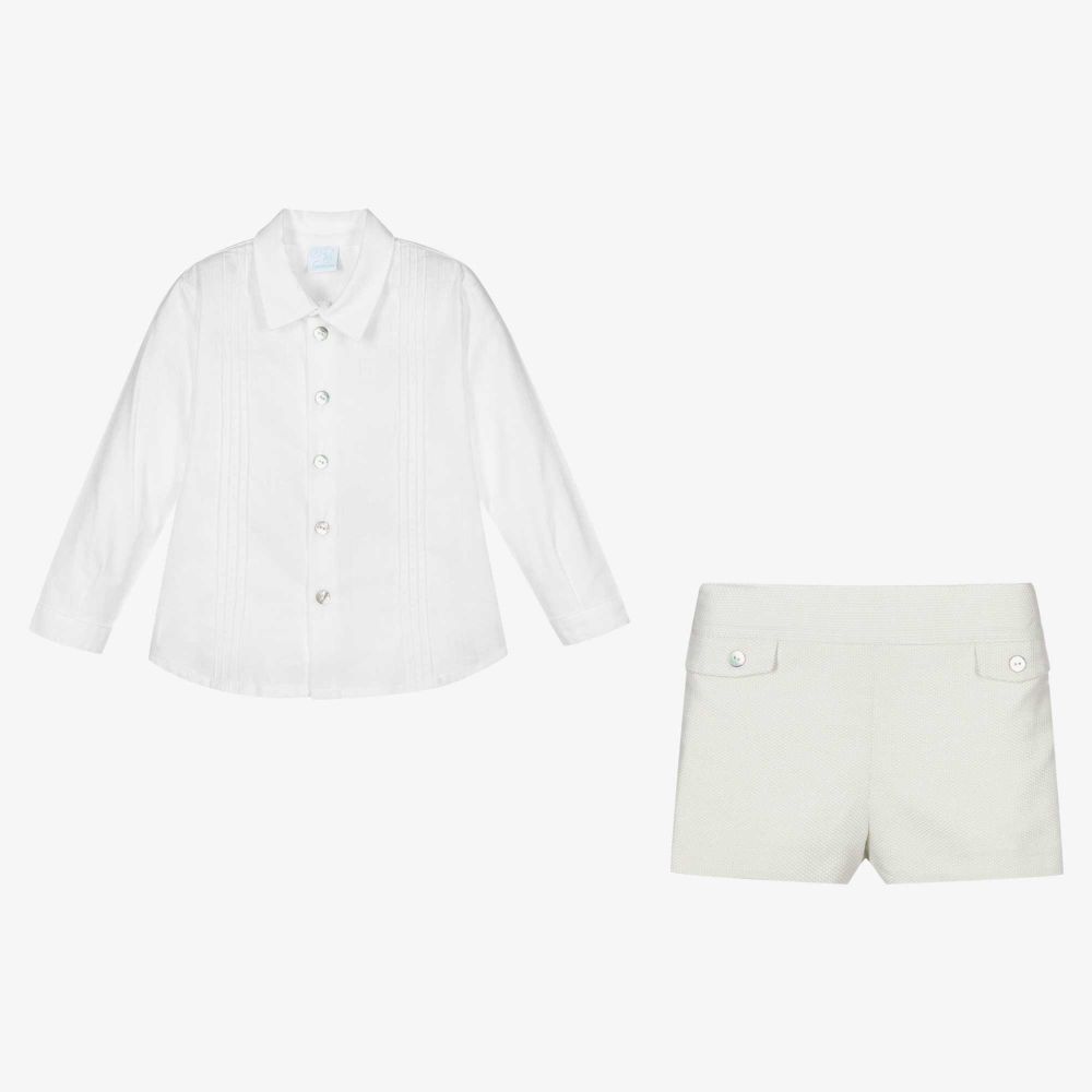 Artesanía Granlei-Boys White & Green Shorts Set | Childrensalon Outlet