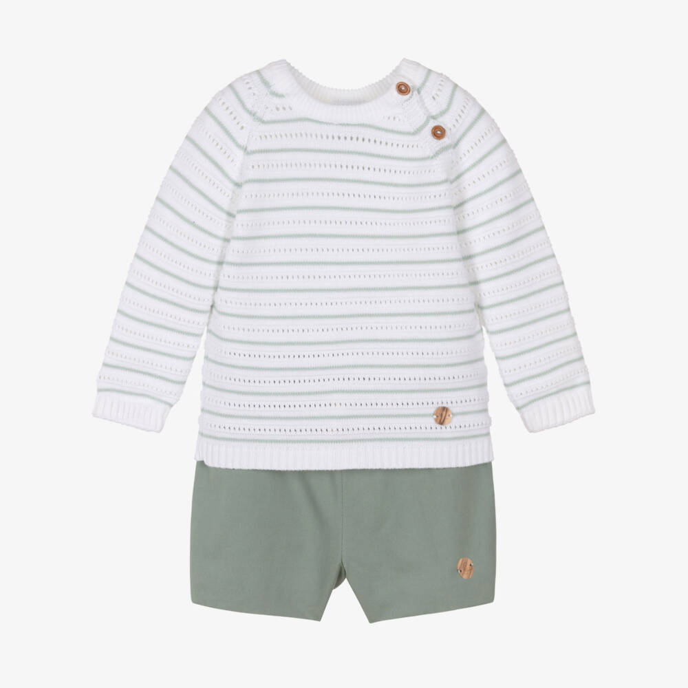 Artesanía Granlei-Boys White & Green Striped Sweater & Shorts Set | Childrensalon Outlet