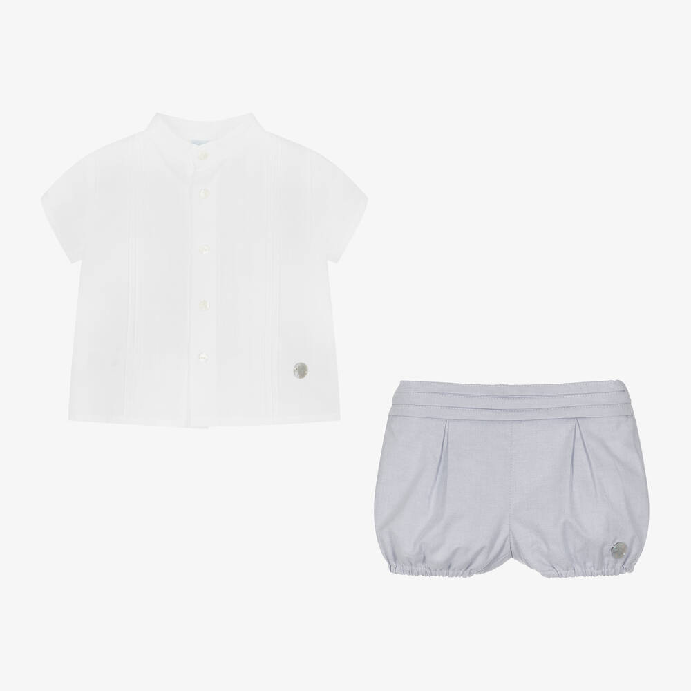 Artesanía Granlei-Boys White & Grey Organic Cotton Shorts Set | Childrensalon Outlet