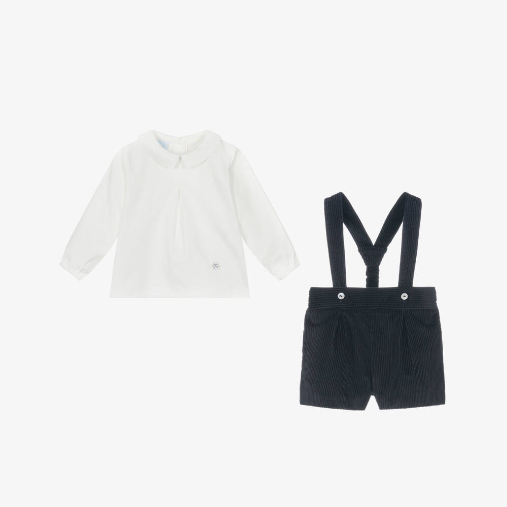 Artesanía Granlei-Boys White & Navy Blue Corduroy Shorts Set | Childrensalon Outlet
