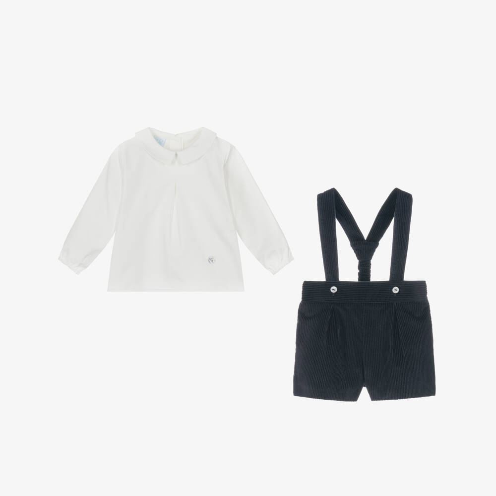 Artesanía Granlei-Boys White & Navy Blue Corduroy Shorts Set | Childrensalon Outlet