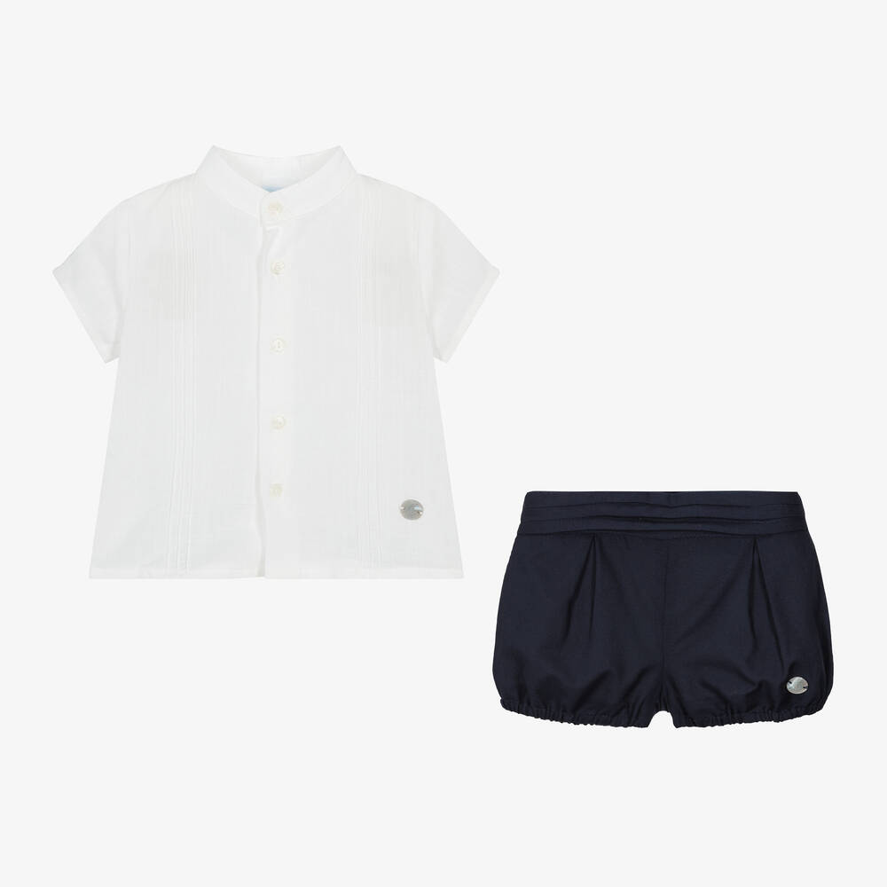 Artesanía Granlei-طقم شورت قطن عضوي لون أبيض وكحلي للمواليد | Childrensalon Outlet