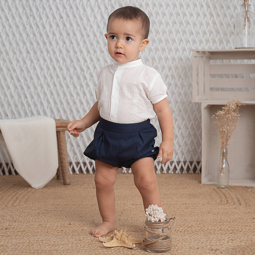 Artesanía Granlei-طقم شورت قطن عضوي لون أبيض وكحلي للمواليد | Childrensalon Outlet