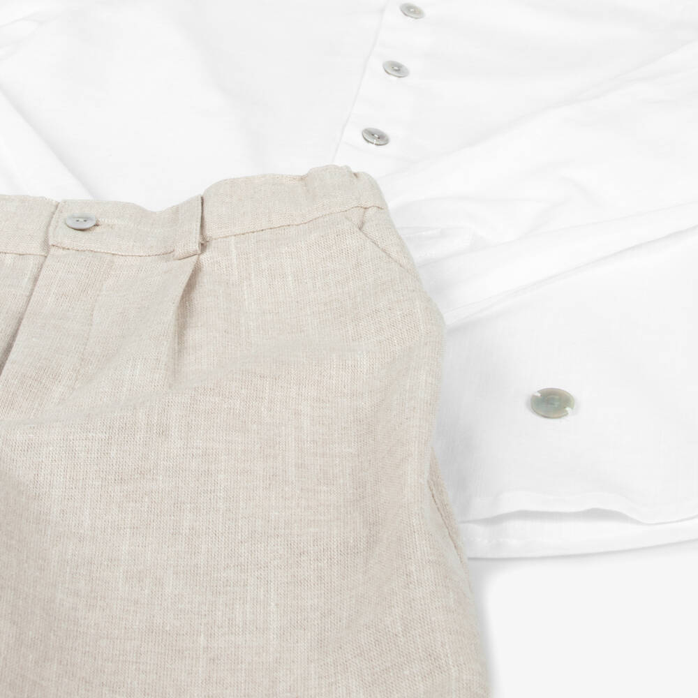 Artesanía Granlei-Boys White Shirt & Beige Trouser Set | Childrensalon Outlet