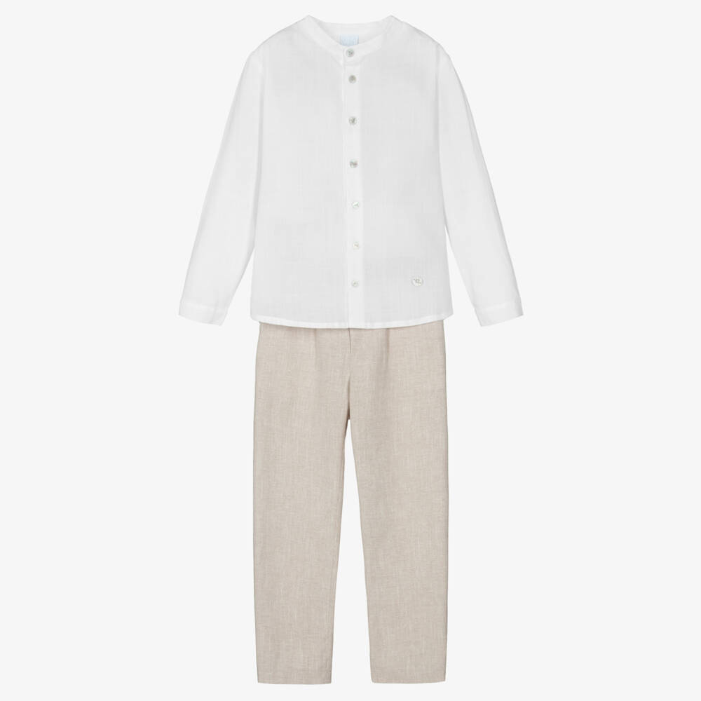 Artesanía Granlei-Boys White Shirt & Beige Trouser Set | Childrensalon Outlet