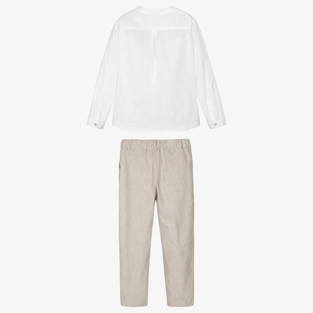 Artesanía Granlei-Boys White Shirt & Beige Trouser Set | Childrensalon Outlet