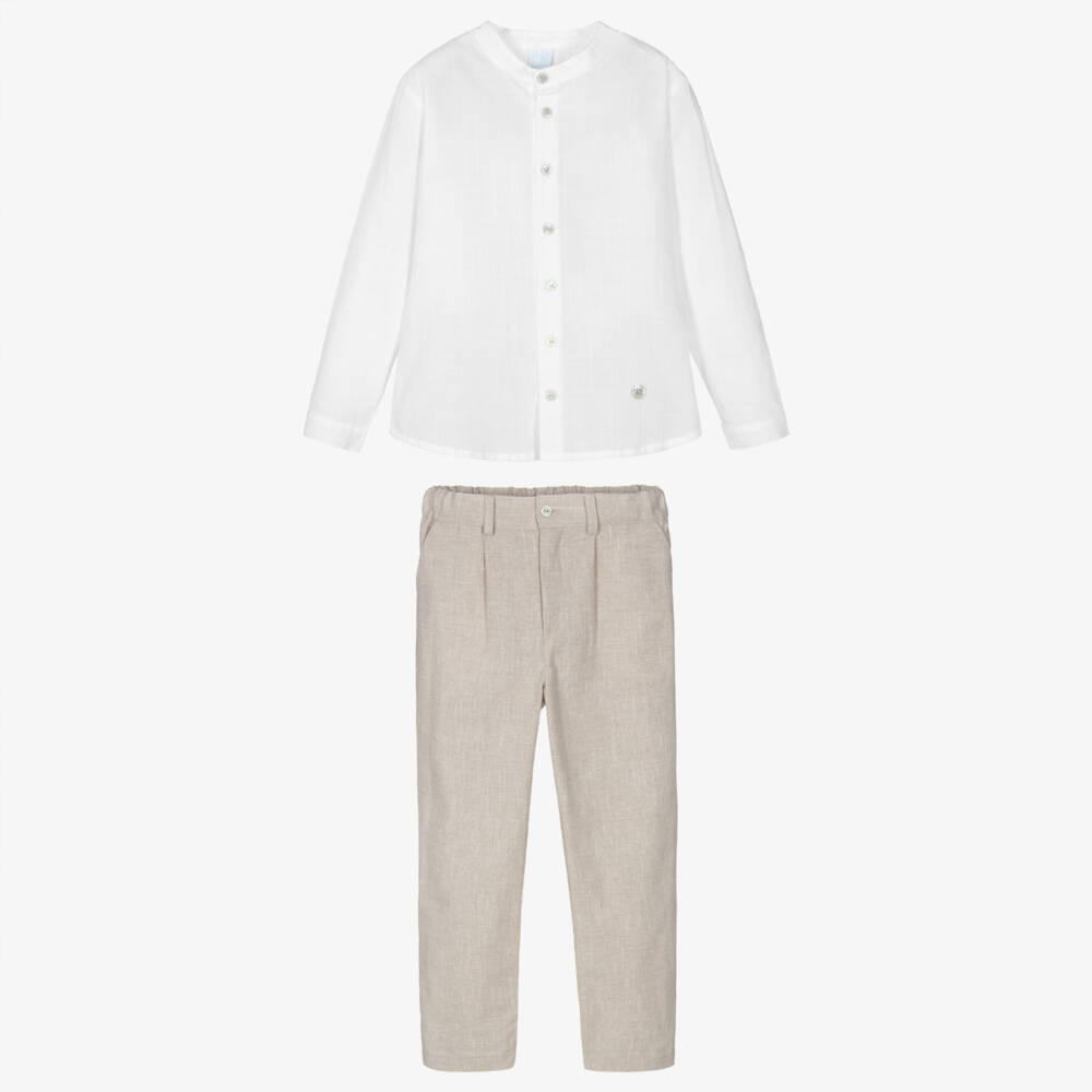 Artesanía Granlei-Boys White Shirt & Beige Trouser Set | Childrensalon Outlet
