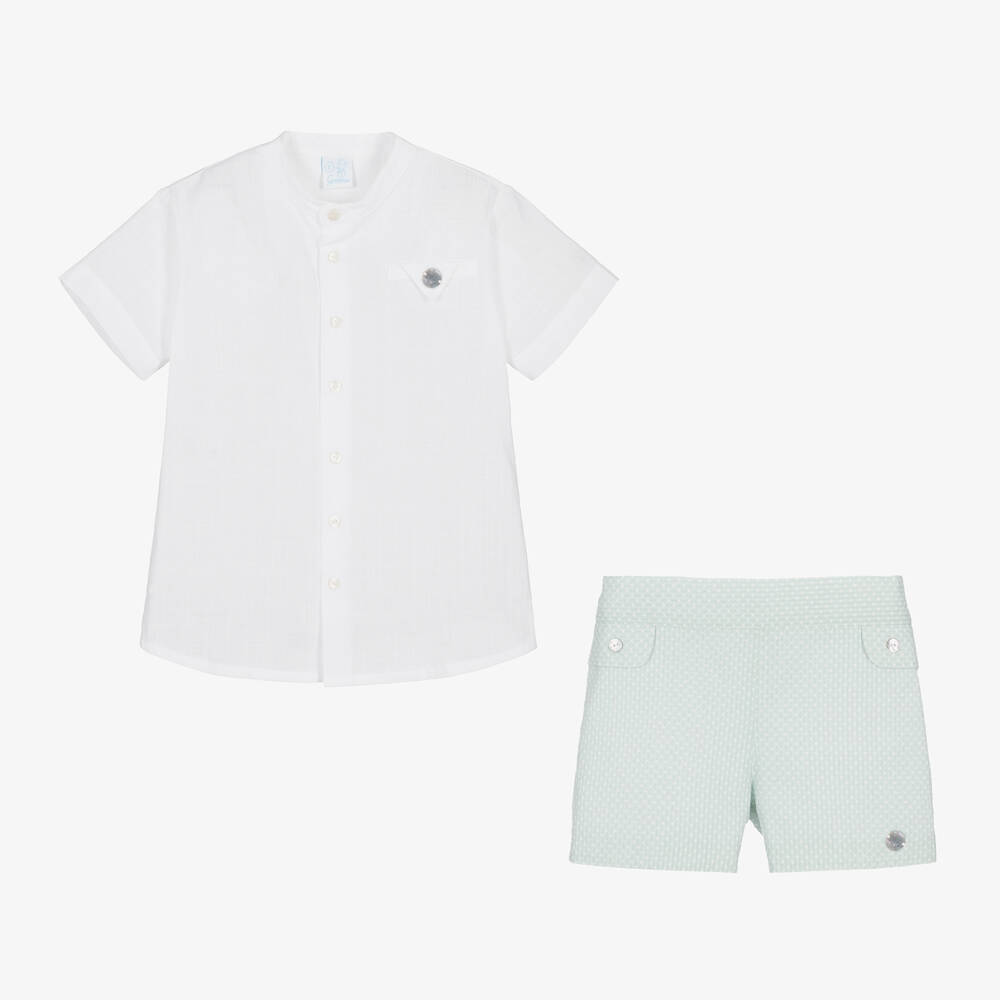 Artesanía Granlei-طقم شورت وقميص قطن لون أبيض وأخضر للأولاد | Childrensalon Outlet