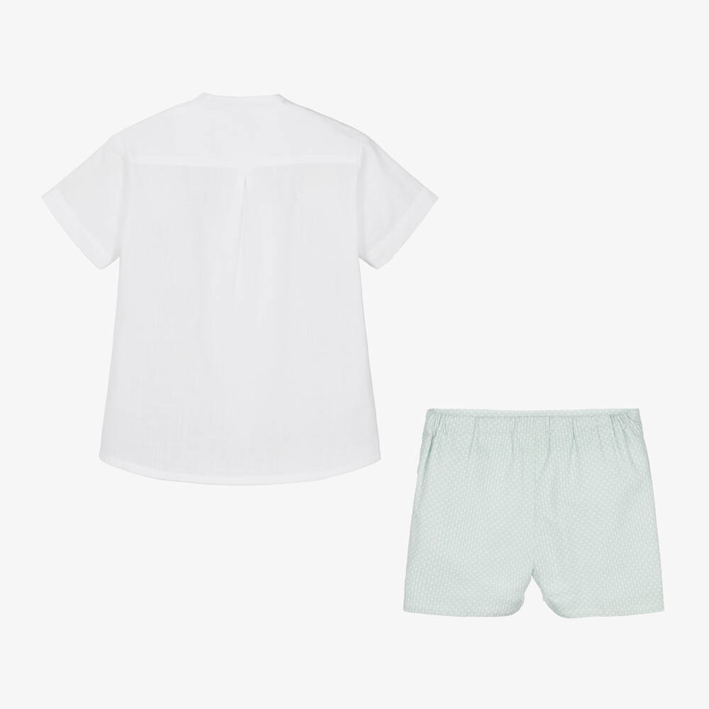 Artesanía Granlei-طقم شورت وقميص قطن لون أبيض وأخضر للأولاد | Childrensalon Outlet