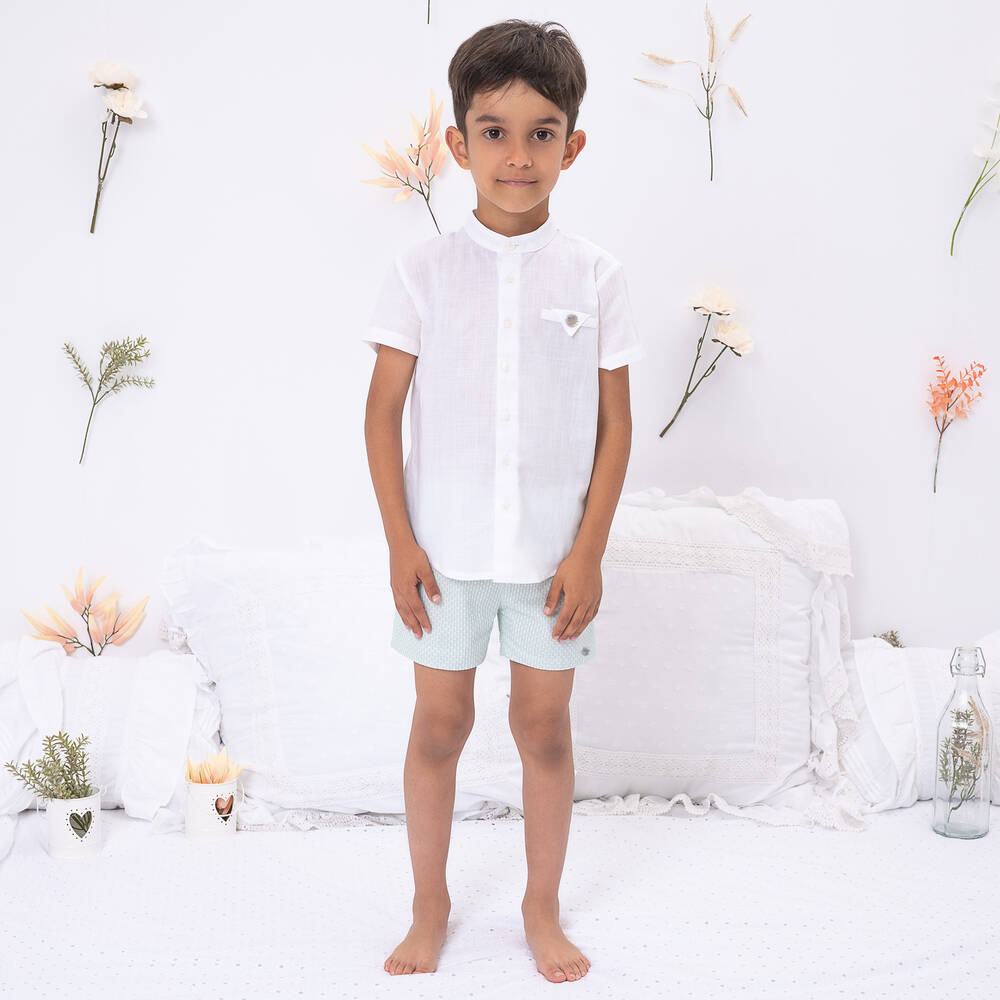 Artesanía Granlei-طقم شورت وقميص قطن لون أبيض وأخضر للأولاد | Childrensalon Outlet