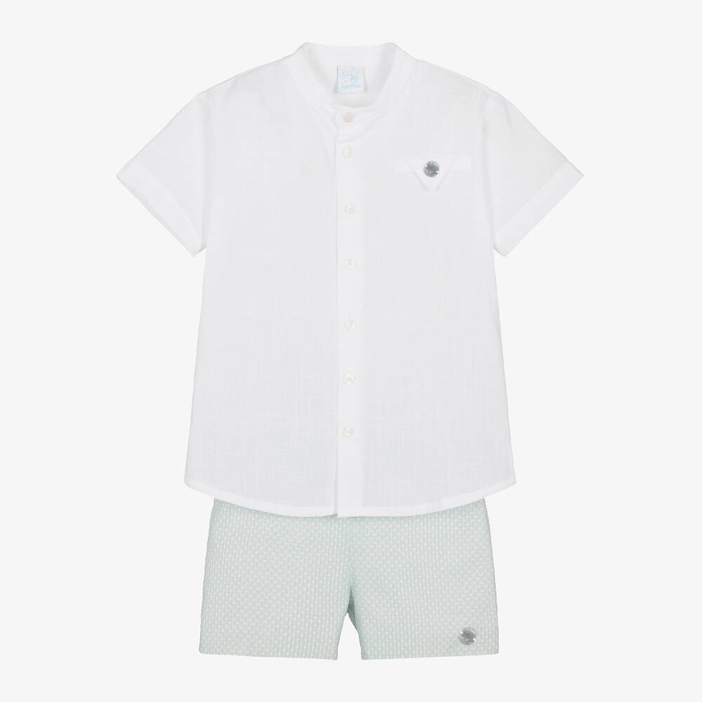 Artesanía Granlei-Boys White Shirt & Green Shorts Set | Childrensalon Outlet