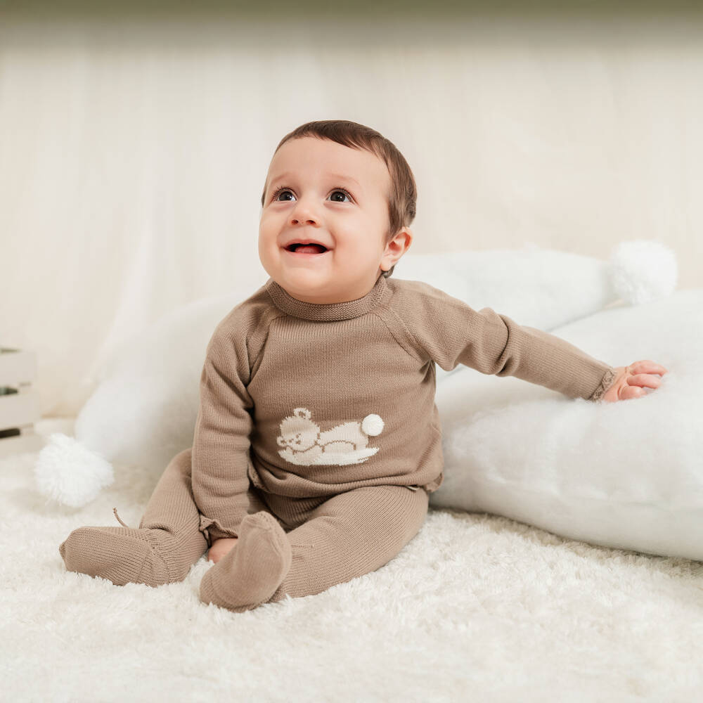 Artesanía Granlei-Brown Knitted 2 Piece Babygrow with Teddy Bear Motif | Childrensalon Outlet