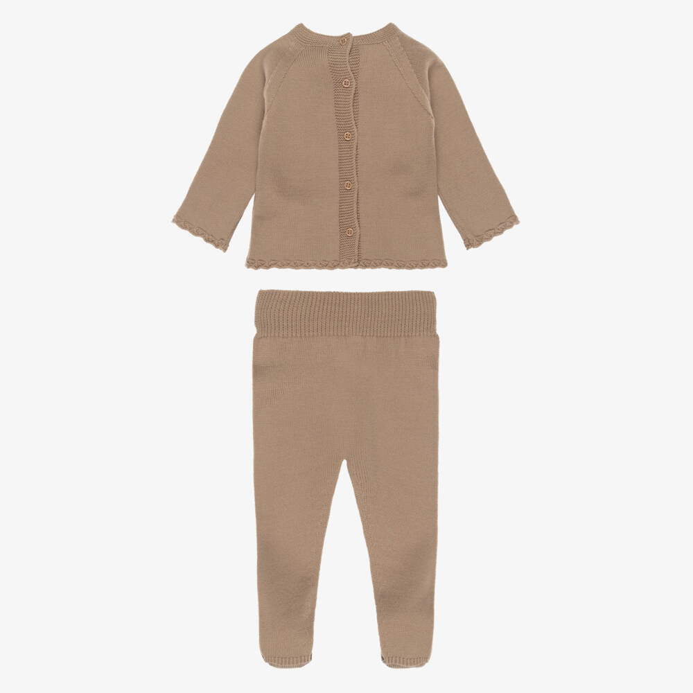 Artesanía Granlei-Brown Knitted 2 Piece Babygrow with Teddy Bear Motif | Childrensalon Outlet