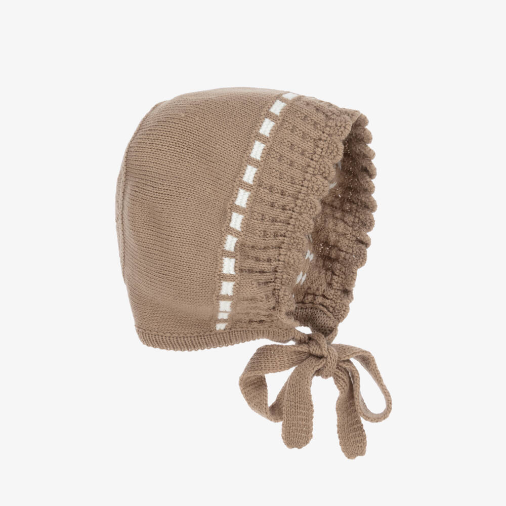Artesanía Granlei-Brown Knitted Bonnet with Ivory Trim | Childrensalon Outlet