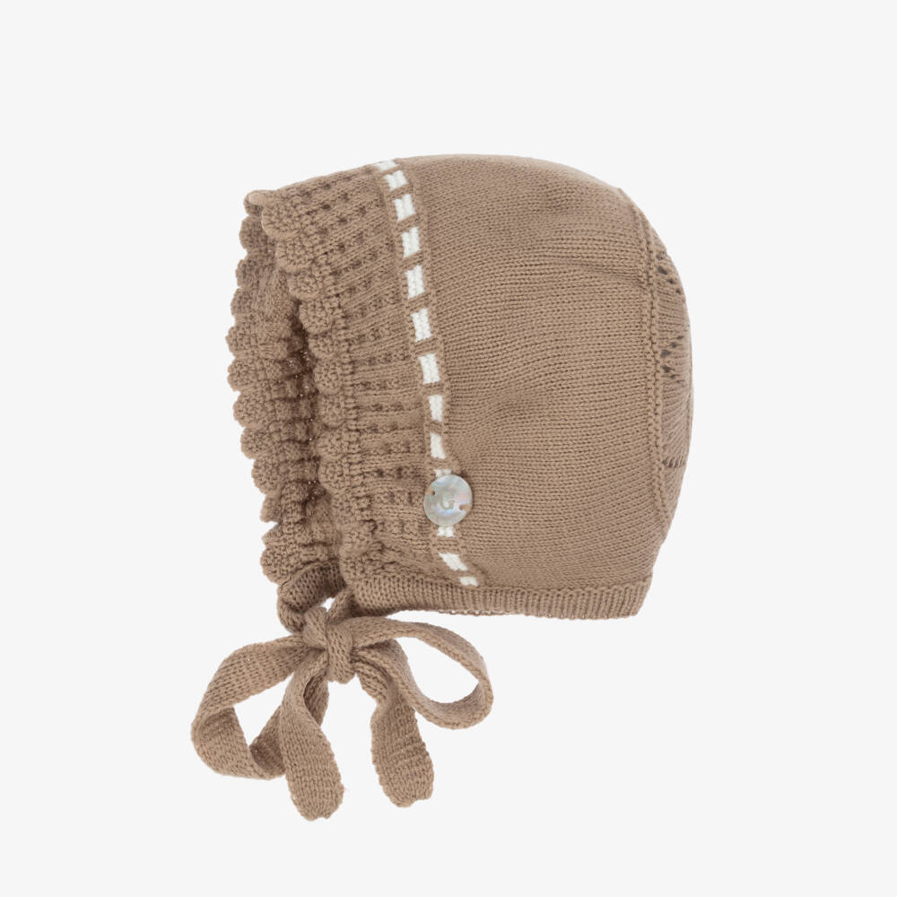 Artesanía Granlei-Brown Knitted Bonnet with Ivory Trim | Childrensalon Outlet