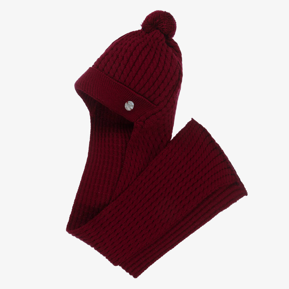 Artesania Granlei Burgundy Red Knitted Hat Attached Scarf Childrensalon Outlet