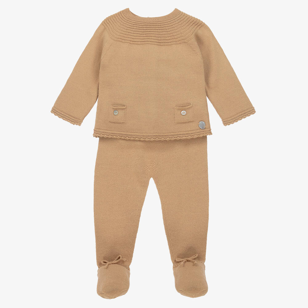 Artesanía Granlei - Camel Beige Knitted 2 Piece Babygrow | Childrensalon