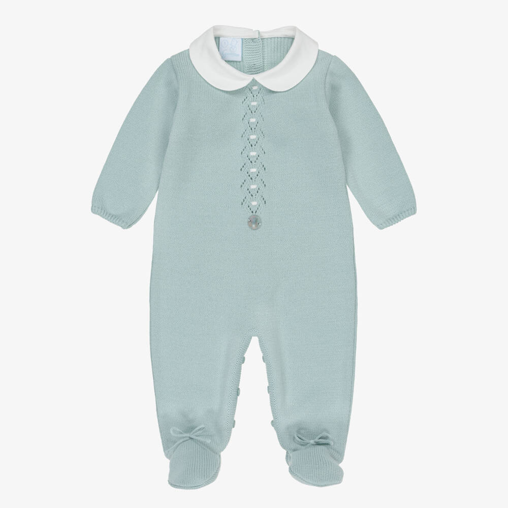 Artesanía Granlei-Duck Egg Green Knitted Babygrow with Collar | Childrensalon Outlet