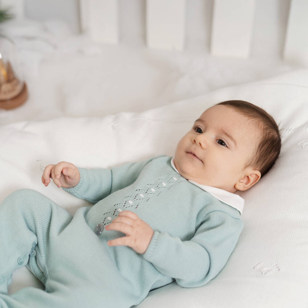 Artesanía Granlei-Duck Egg Green Knitted Babygrow with Collar | Childrensalon Outlet