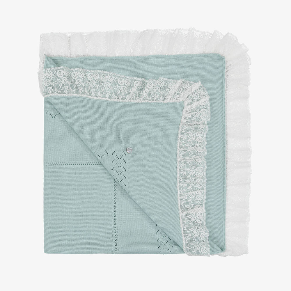 Artesanía Granlei-Duck Egg Green Lace Trim Knitted Baby Blanket (104cm) | Childrensalon Outlet