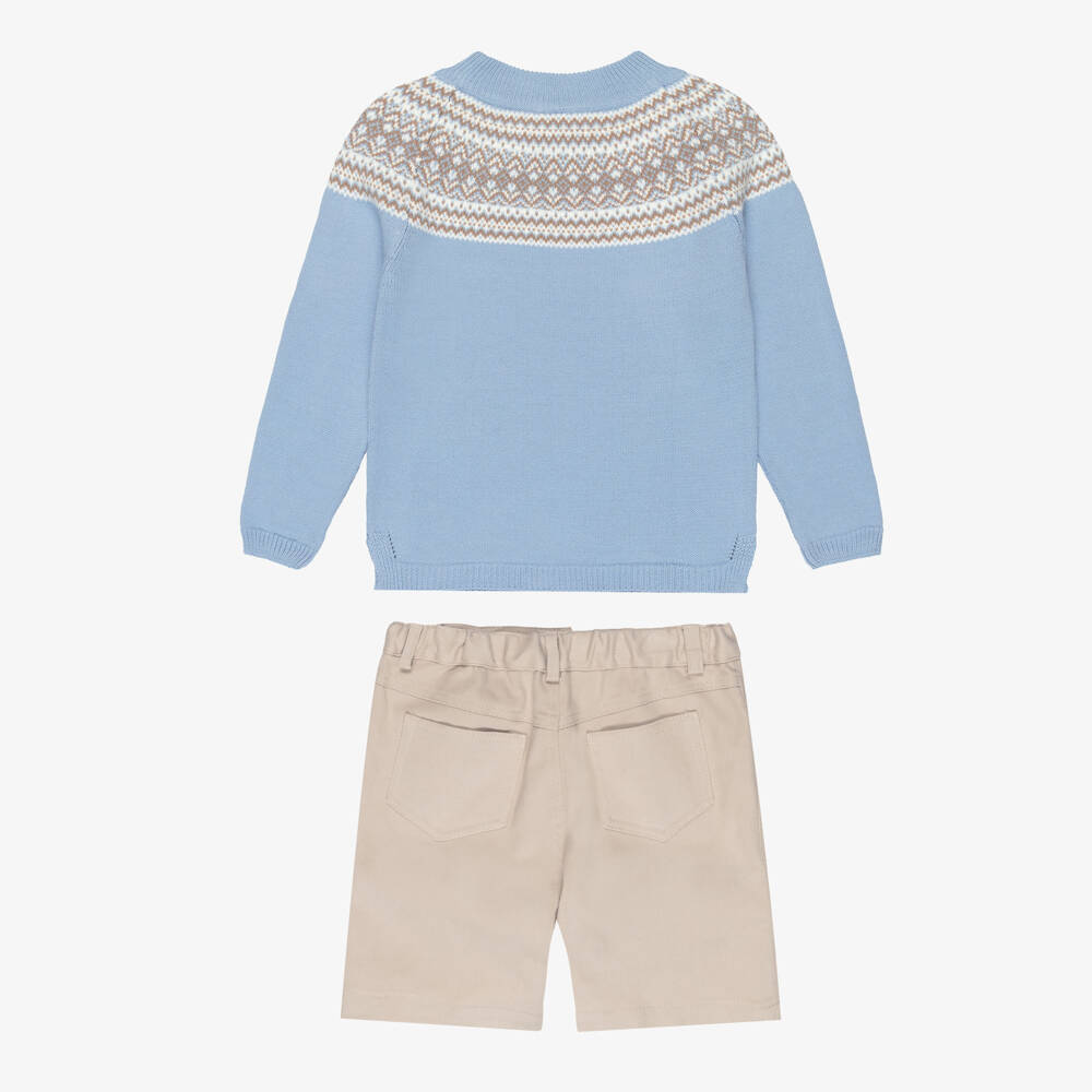 Artesanía Granlei-Exclusive Blue Fairisle Knit Sweater And Beige Short Set | Childrensalon Outlet
