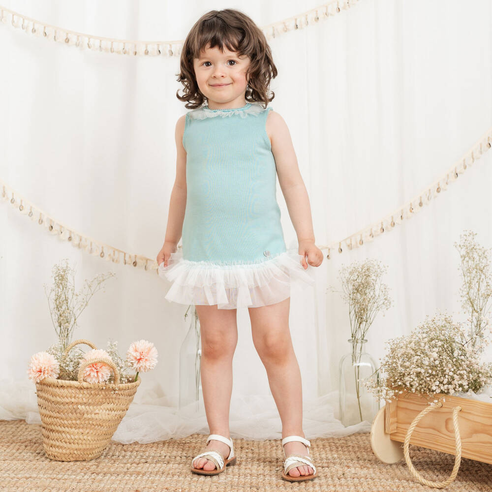 Artesanía Granlei-Girls Aqua Green Knitted Dress with Tulle Trims | Childrensalon Outlet