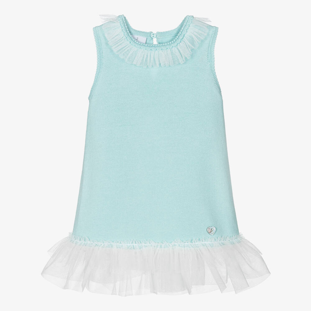 Artesanía Granlei-Girls Aqua Green Knitted Dress with Tulle Trims | Childrensalon Outlet