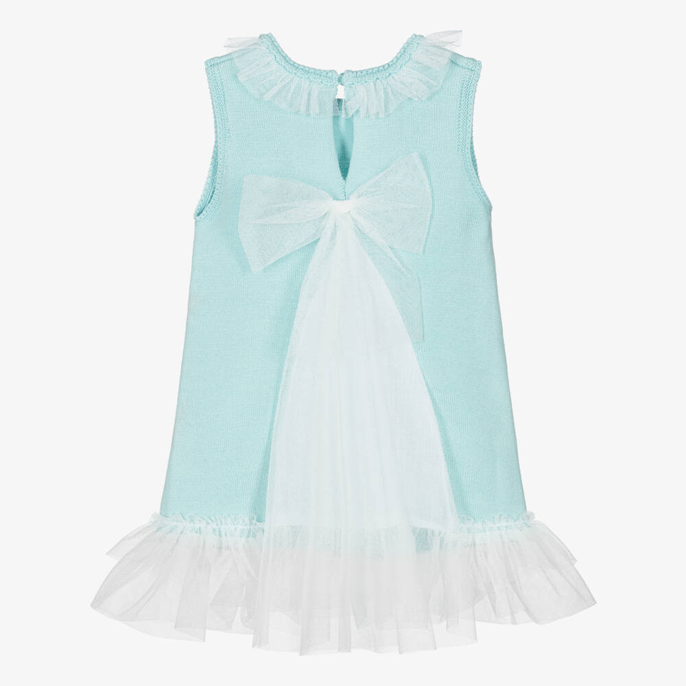 Artesanía Granlei-Girls Aqua Green Knitted Dress with Tulle Trims | Childrensalon Outlet