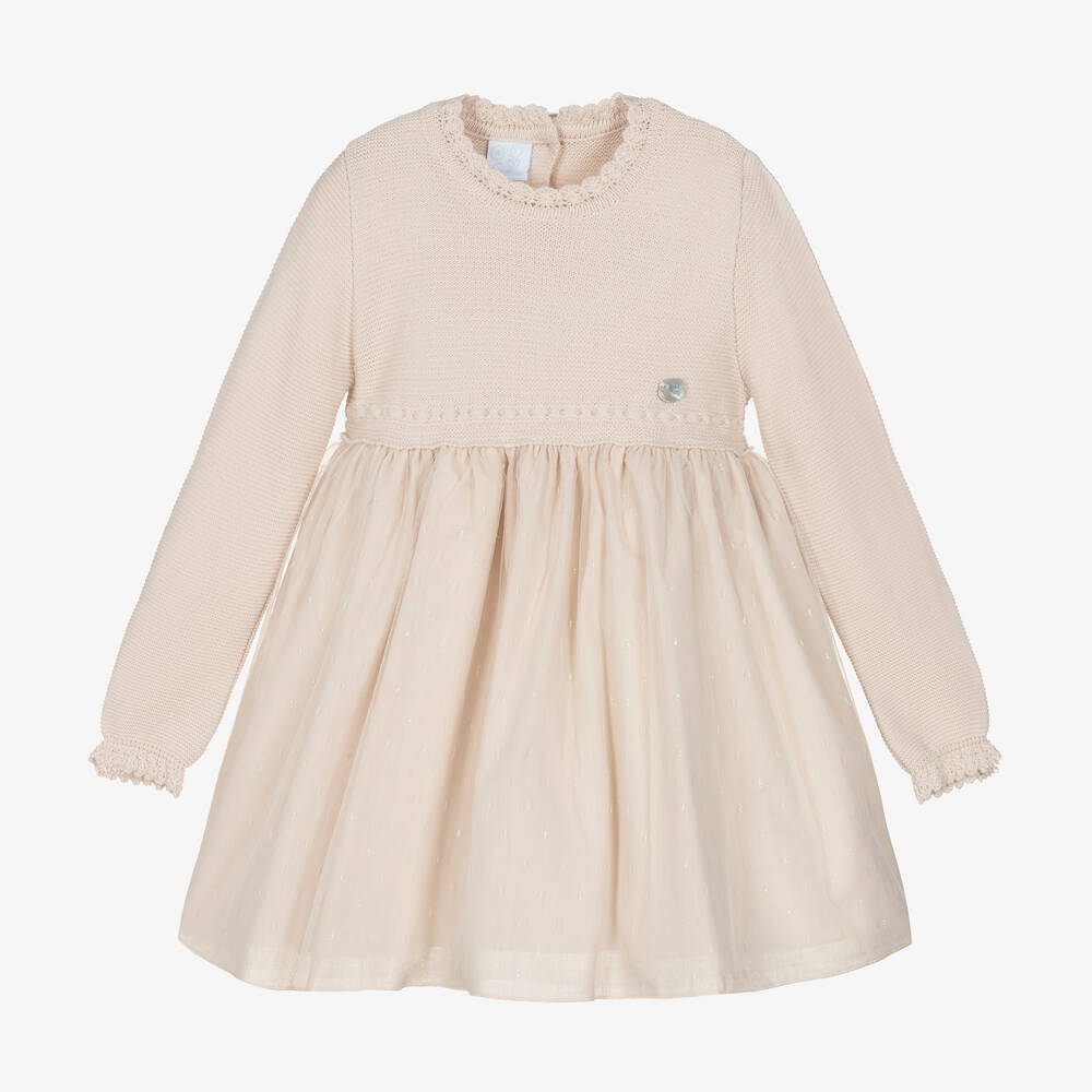 Artesanía Granlei - Robe beige en maille et tulle fille | Childrensalon