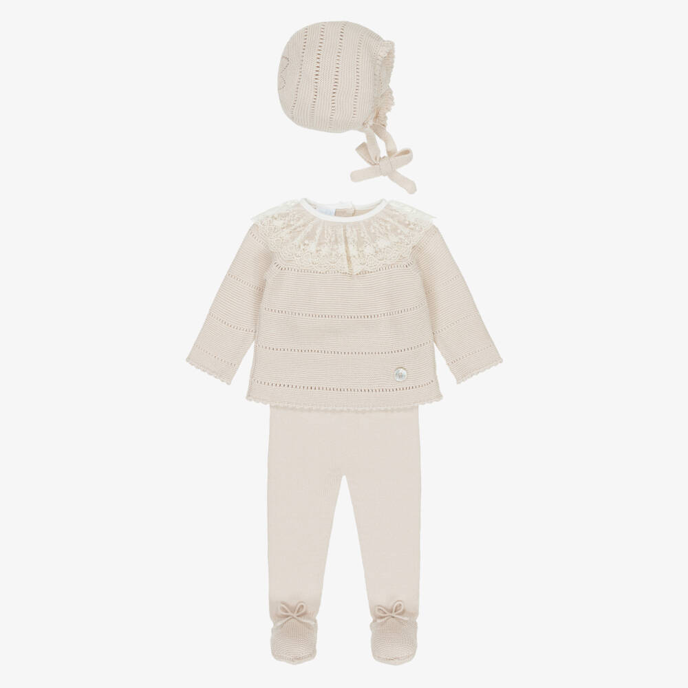 Artesanía Granlei-Girls Beige Knitted 2 Piece Babysuit & Bonnet Set | Childrensalon Outlet