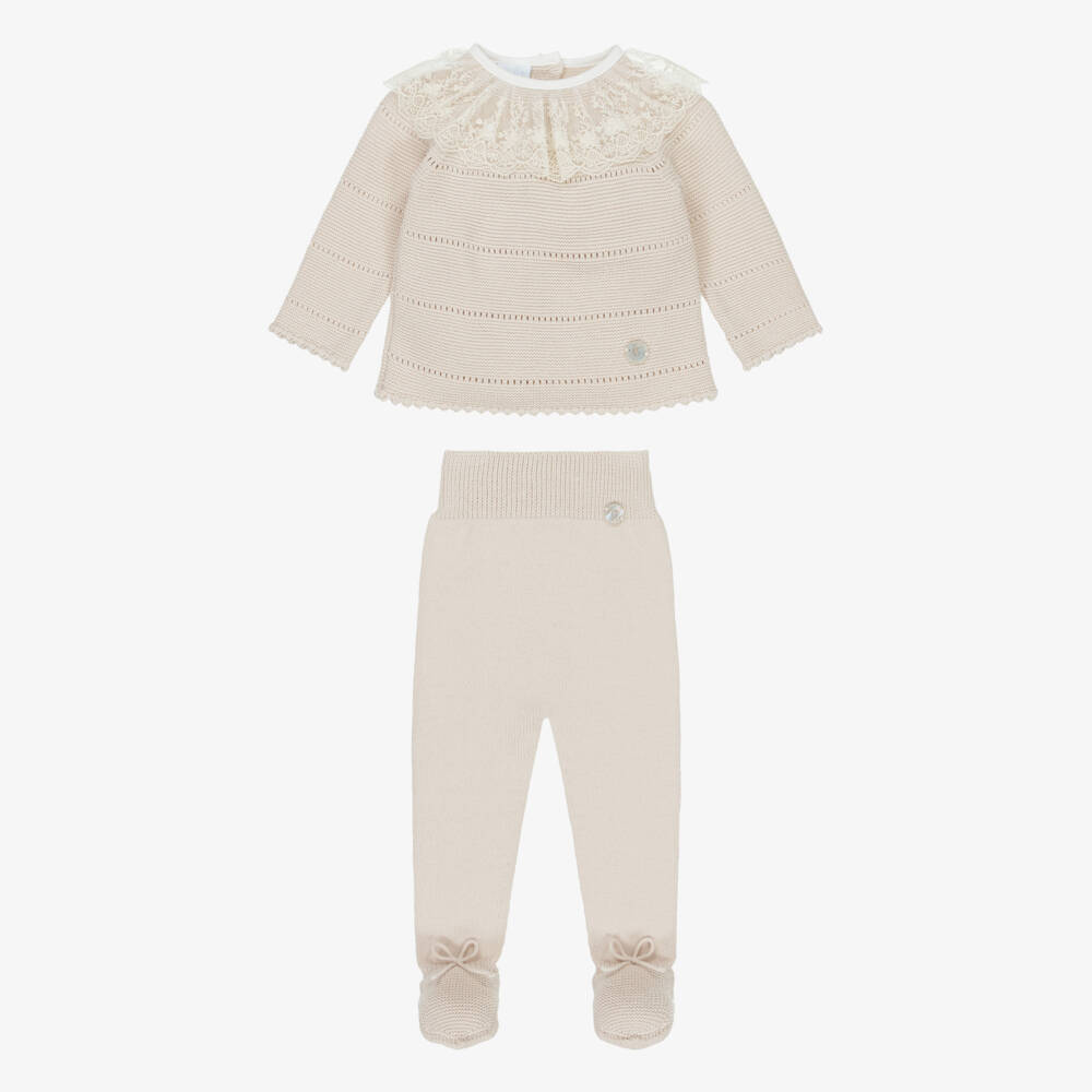 Artesanía Granlei-Girls Beige Knitted 2 Piece Babysuit & Bonnet Set | Childrensalon Outlet