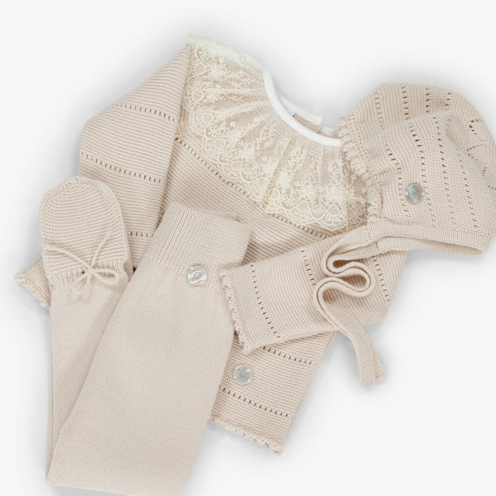 Artesanía Granlei-Girls Beige Knitted 2 Piece Babysuit & Bonnet Set | Childrensalon Outlet