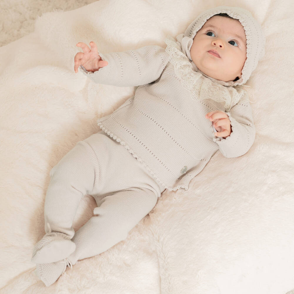 Artesanía Granlei-Girls Beige Knitted 2 Piece Babysuit & Bonnet Set | Childrensalon Outlet
