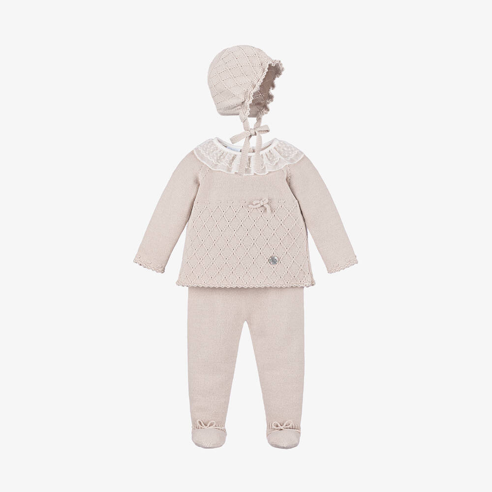 Artesanía Granlei-Girls Beige Knitted Babysuit & Hat Set | Childrensalon Outlet