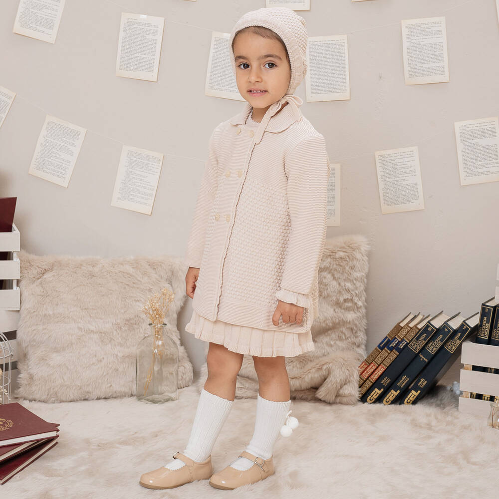 Artesanía Granlei-Girls Beige Knitted Coat & Bonnet Set | Childrensalon Outlet