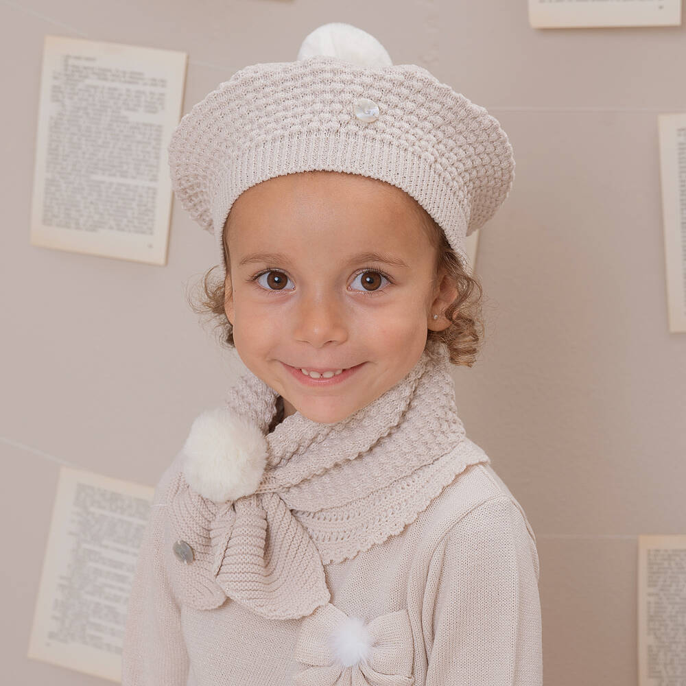 Artesanía Granlei-Girls Beige Lurex Beret & Scarf Set | Childrensalon Outlet