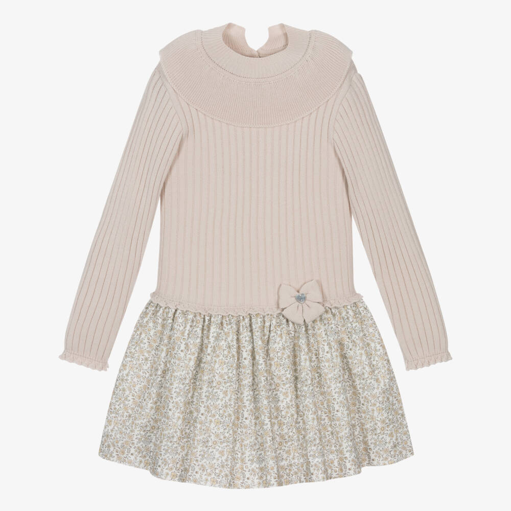 Artesanía Granlei-Girls Beige Ribbed Knit & Floral Dress | Childrensalon Outlet